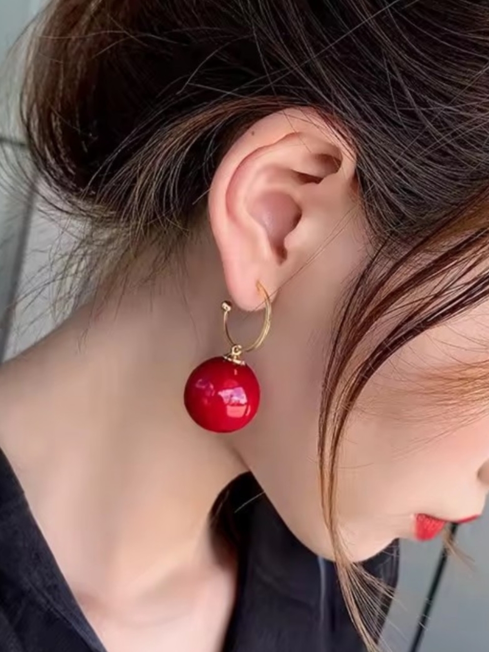 Gold Hoop Earrings with Red Ball Drop